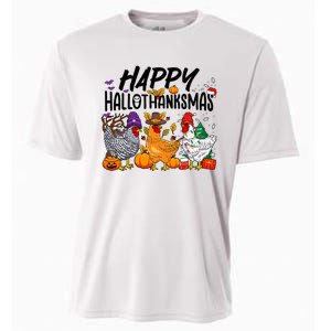 Happy HalloThanksMas Halloween Thanksgiving Xmas Chicken Cooling Performance Crew T-Shirt