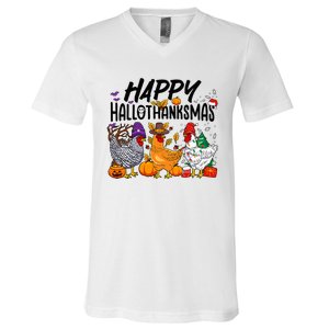 Happy HalloThanksMas Halloween Thanksgiving Xmas Chicken V-Neck T-Shirt