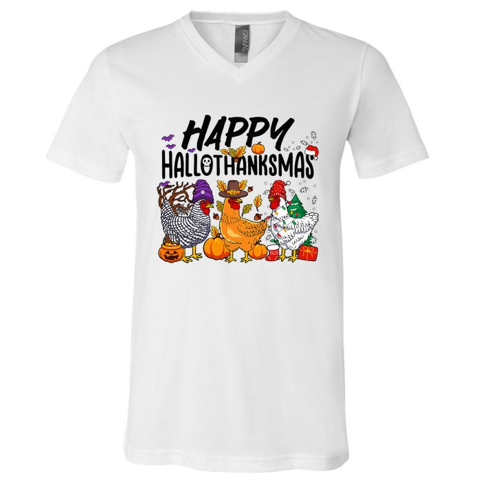 Happy HalloThanksMas Halloween Thanksgiving Xmas Chicken V-Neck T-Shirt