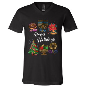 Happy Holidays Hanukkah Feliz Navidad Christmas Kwanzaa V-Neck T-Shirt