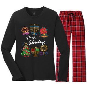 Happy Holidays Hanukkah Feliz Navidad Christmas Kwanzaa Women's Long Sleeve Flannel Pajama Set 