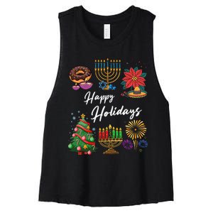 Happy Holidays Hanukkah Feliz Navidad Christmas Kwanzaa Women's Racerback Cropped Tank