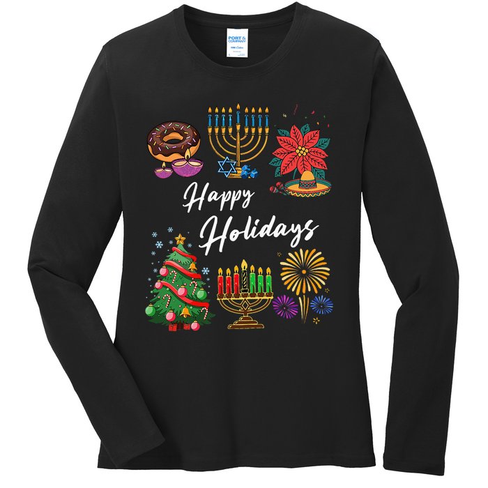 Happy Holidays Hanukkah Feliz Navidad Christmas Kwanzaa Ladies Long Sleeve Shirt