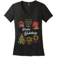 Happy Holidays Hanukkah Feliz Navidad Christmas Kwanzaa Women's V-Neck T-Shirt