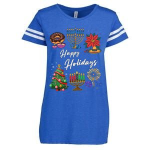 Happy Holidays Hanukkah Feliz Navidad Christmas Kwanzaa Enza Ladies Jersey Football T-Shirt