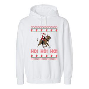 Ho Ho Ho Santa Riding Great Dane Dog Ugly Christmas Swea Garment-Dyed Fleece Hoodie