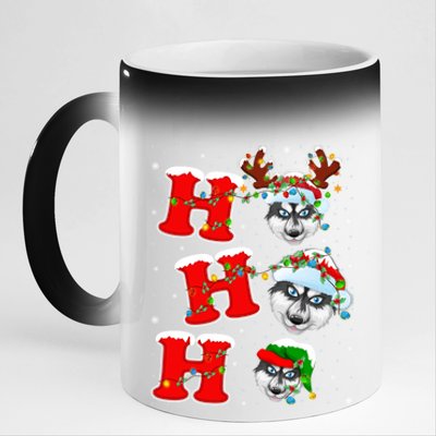 Ho Ho Ho Siberian Husky Santa Hat Reindeer Xmas Lights Funny Gift 11oz Black Color Changing Mug