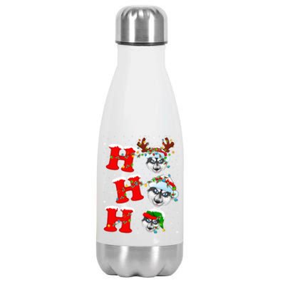 Ho Ho Ho Siberian Husky Santa Hat Reindeer Xmas Lights Funny Gift Stainless Steel Insulated Water Bottle