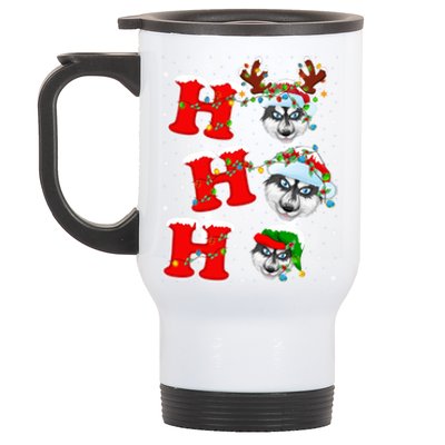 Ho Ho Ho Siberian Husky Santa Hat Reindeer Xmas Lights Funny Gift Stainless Steel Travel Mug