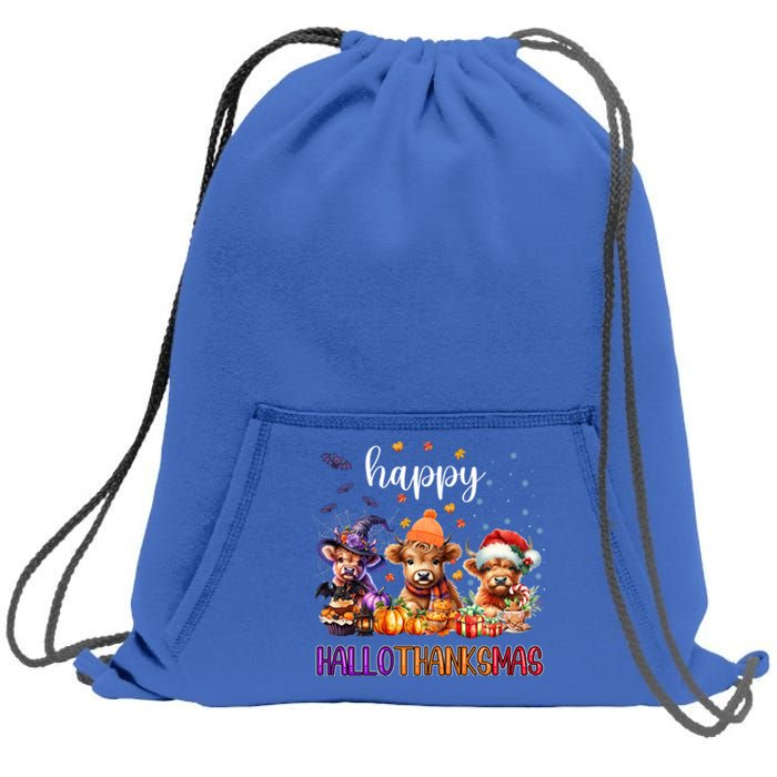 Happy Hallothanksmas Highland Cow Halloween Merry Christmas Gift Sweatshirt Cinch Pack Bag