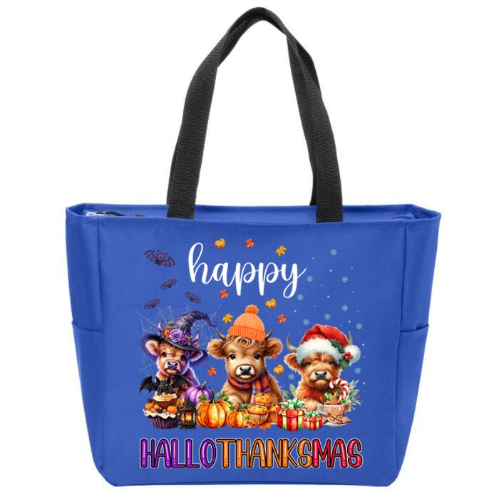 Happy Hallothanksmas Highland Cow Halloween Merry Christmas Gift Zip Tote Bag