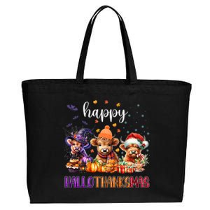 Happy Hallothanksmas Highland Cow Halloween Merry Christmas Gift Cotton Canvas Jumbo Tote