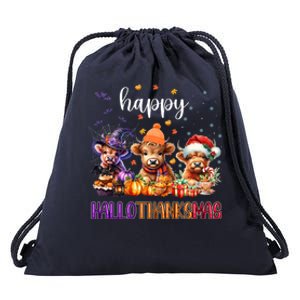 Happy Hallothanksmas Highland Cow Halloween Merry Christmas Gift Drawstring Bag