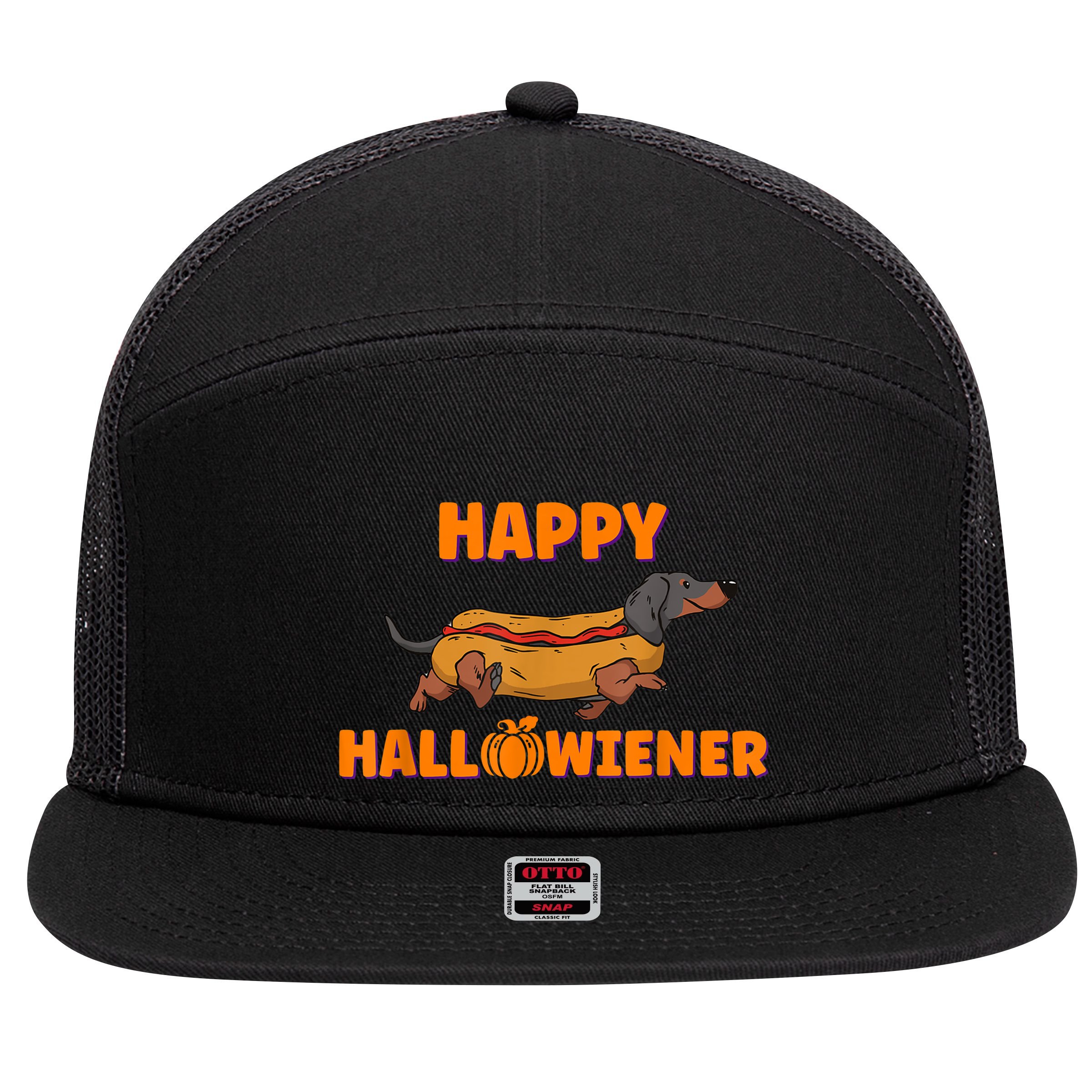 Happy Hallowiener Halloween Dachshund Dog 7 Panel Mesh Trucker Snapback Hat