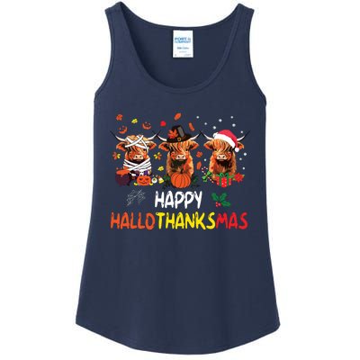 Happy Hallothanksmas Highland Cow Print Halloween Christmas Ladies Essential Tank