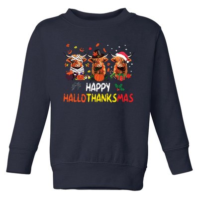 Happy Hallothanksmas Highland Cow Print Halloween Christmas Toddler Sweatshirt