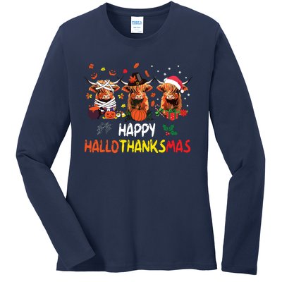 Happy Hallothanksmas Highland Cow Print Halloween Christmas Ladies Long Sleeve Shirt