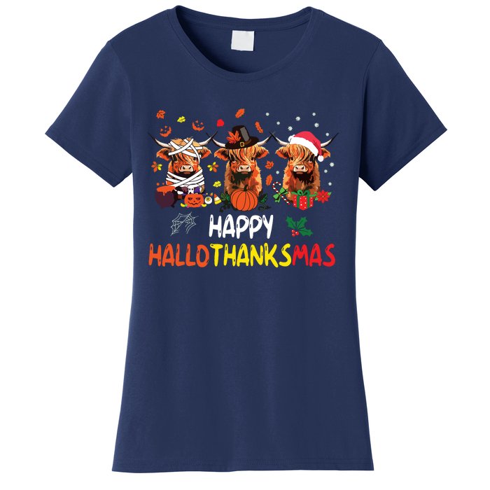 Happy Hallothanksmas Highland Cow Print Halloween Christmas Women's T-Shirt