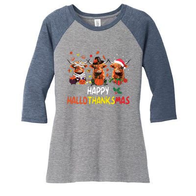 Happy Hallothanksmas Highland Cow Print Halloween Christmas Women's Tri-Blend 3/4-Sleeve Raglan Shirt