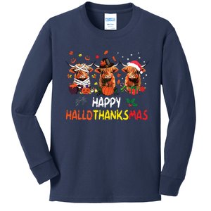 Happy Hallothanksmas Highland Cow Print Halloween Christmas Kids Long Sleeve Shirt