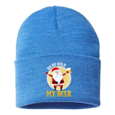 Ho Ho Hold My Beer Sarcastic Santa Bad Xmas Gift Sustainable Knit Beanie