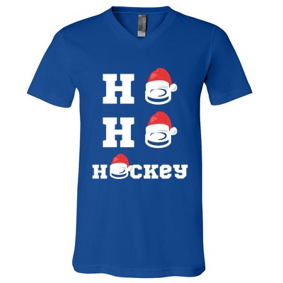 Ho Ho Hockey Funny Santa Hat Hockey Puck Ice Hockey Lover Gift V-Neck T-Shirt