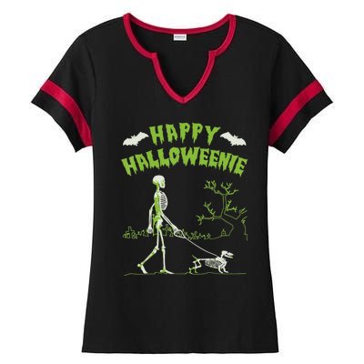 Happy Halloweenie Halloween Skeleton Dachshund Weiner Dogs Ladies Halftime Notch Neck Tee