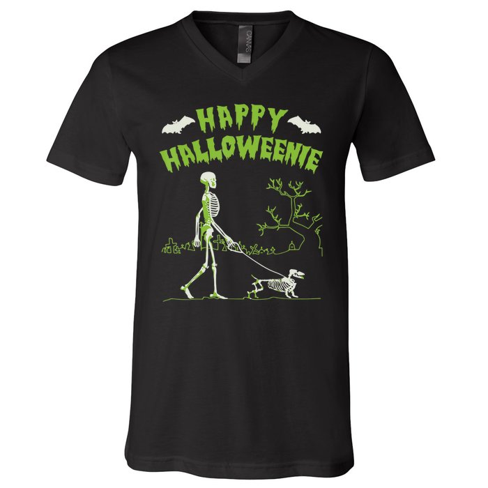 Happy Halloweenie Halloween Skeleton Dachshund Weiner Dogs V-Neck T-Shirt