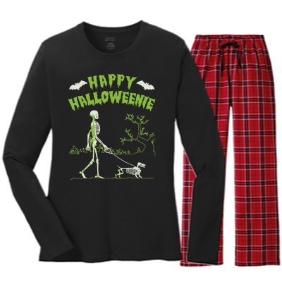 Happy Halloweenie Halloween Skeleton Dachshund Weiner Dogs Women's Long Sleeve Flannel Pajama Set 