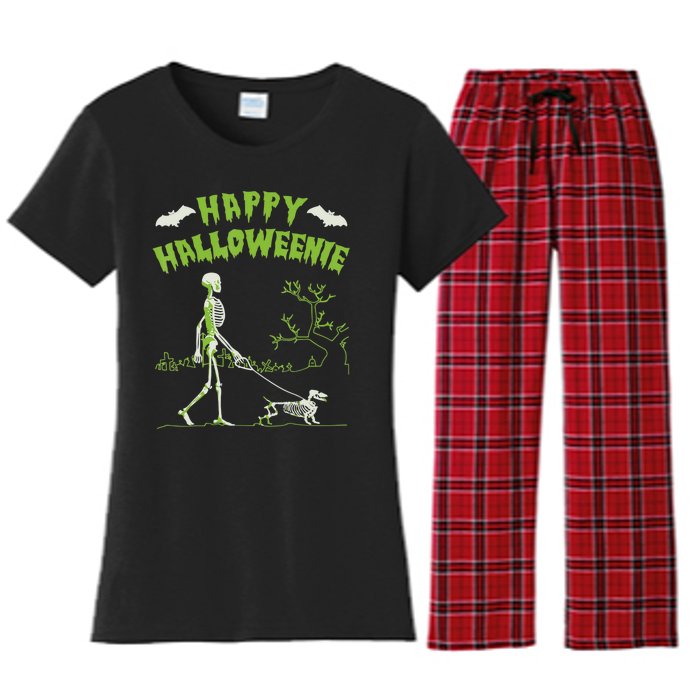 Happy Halloweenie Halloween Skeleton Dachshund Weiner Dogs Women's Flannel Pajama Set