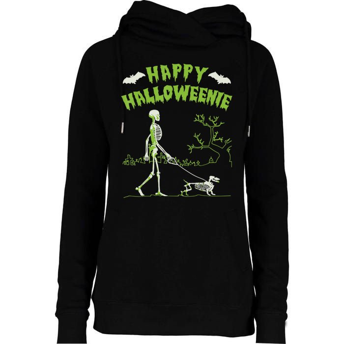 Happy Halloweenie Halloween Skeleton Dachshund Weiner Dogs Womens Funnel Neck Pullover Hood