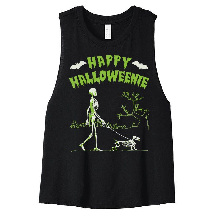 Happy Halloweenie Halloween Skeleton Dachshund Weiner Dogs Women's Racerback Cropped Tank