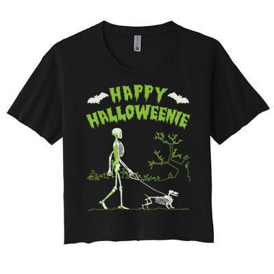 Happy Halloweenie Halloween Skeleton Dachshund Weiner Dogs Women's Crop Top Tee