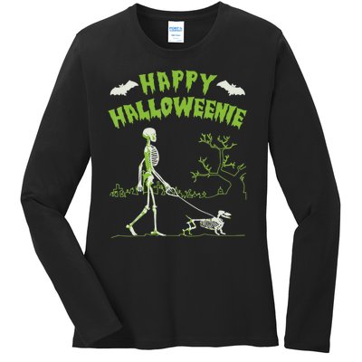 Happy Halloweenie Halloween Skeleton Dachshund Weiner Dogs Ladies Long Sleeve Shirt