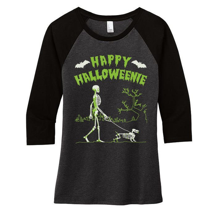 Happy Halloweenie Halloween Skeleton Dachshund Weiner Dogs Women's Tri-Blend 3/4-Sleeve Raglan Shirt