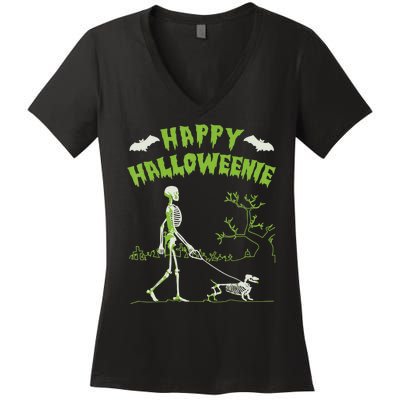 Happy Halloweenie Halloween Skeleton Dachshund Weiner Dogs Women's V-Neck T-Shirt