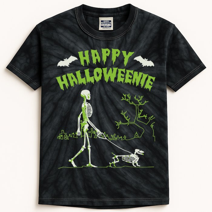 Happy Halloweenie Halloween Skeleton Dachshund Weiner Dogs Kids Tie-Dye T-Shirt