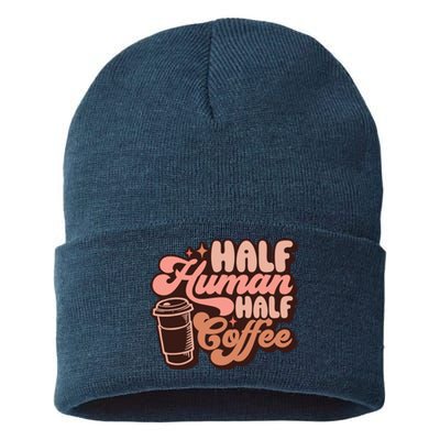 Half Human Half Coffee Funny Coffee Lover Sustainable Knit Beanie