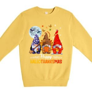 Happy HalloThanksMas Halloween Thanksgiving Christmas Gnomes Premium Crewneck Sweatshirt