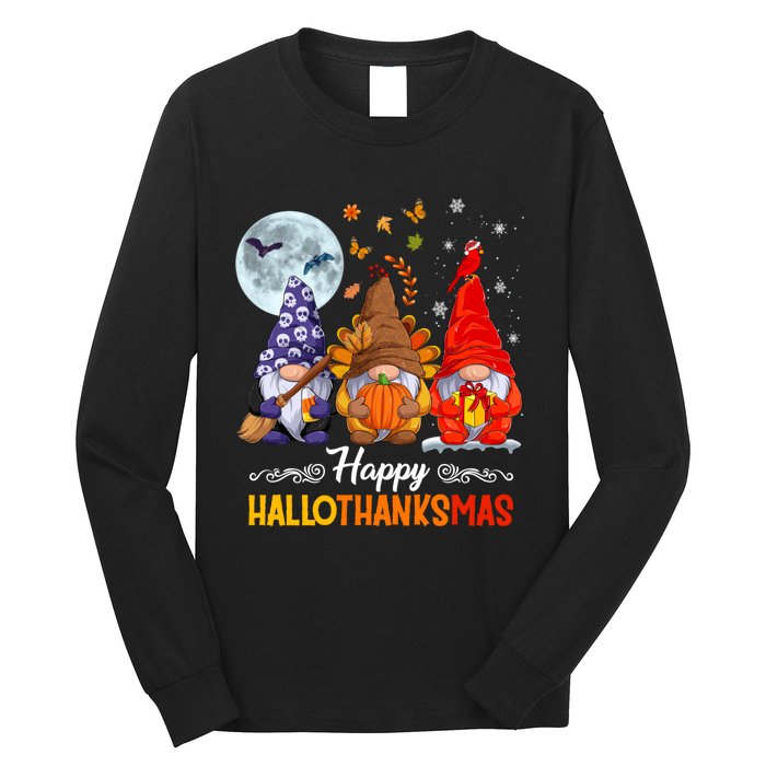 Happy HalloThanksMas Halloween Thanksgiving Christmas Gnomes Long Sleeve Shirt