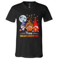 Happy HalloThanksMas Halloween Thanksgiving Christmas Gnomes V-Neck T-Shirt