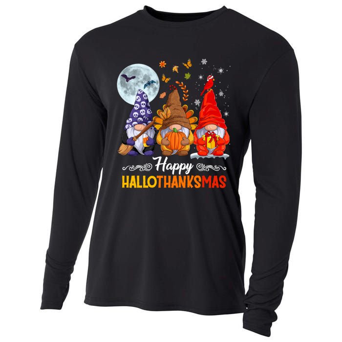 Happy HalloThanksMas Halloween Thanksgiving Christmas Gnomes Cooling Performance Long Sleeve Crew