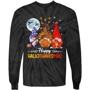 Happy HalloThanksMas Halloween Thanksgiving Christmas Gnomes Tie-Dye Long Sleeve Shirt