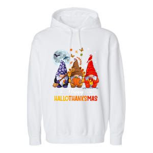 Happy HalloThanksMas Halloween Thanksgiving Christmas Gnomes Garment-Dyed Fleece Hoodie