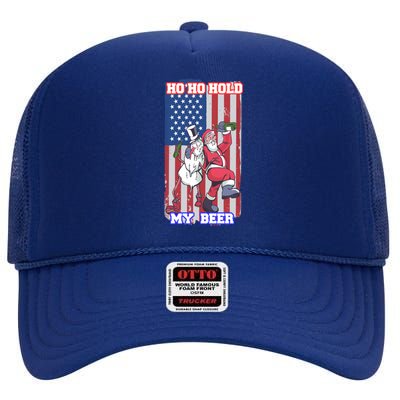 Ho Ho Hold Beer Santa Snow Usa Flag Xmas Party Christmas Gift High Crown Mesh Back Trucker Hat