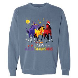 Happy Hallothanksmas Horse Halloween Thanksgiving Christmas Vneck Garment-Dyed Sweatshirt