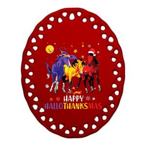 Happy Hallothanksmas Horse Halloween Thanksgiving Christmas Vneck Ceramic Oval Ornament