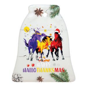 Happy Hallothanksmas Horse Halloween Thanksgiving Christmas Vneck Ceramic Bell Ornament