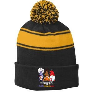 Happy HalloThanksMas Halloween Thanksgiving Christmas Gnomes Stripe Pom Pom Beanie