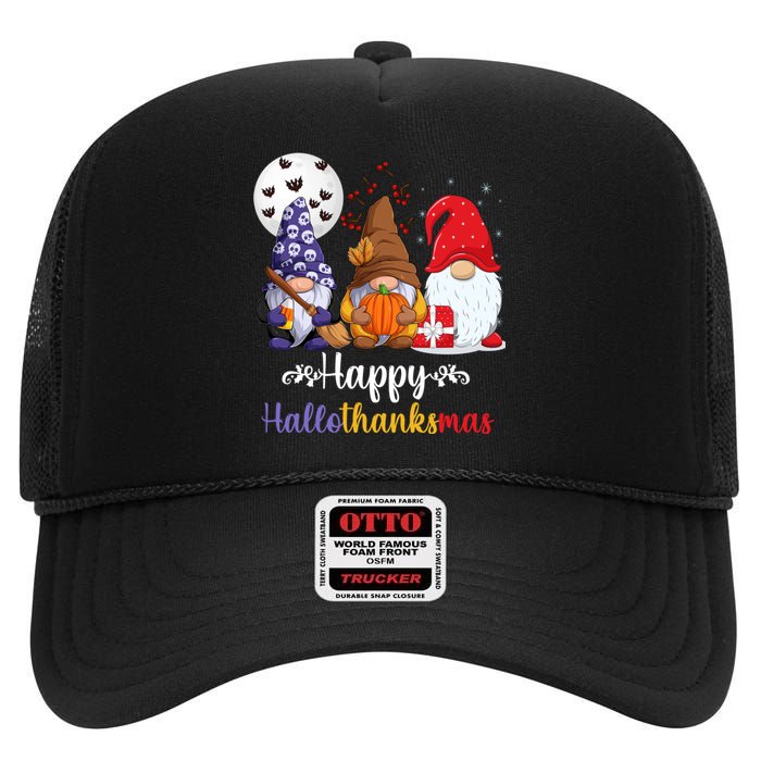 Happy HalloThanksMas Halloween Thanksgiving Christmas Gnomes High Crown Mesh Back Trucker Hat